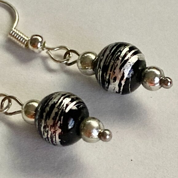 Murano Style Black Silver Art Glass Bead Earrings Plated Dainty Dangle Handmade - Picture 6 of 8